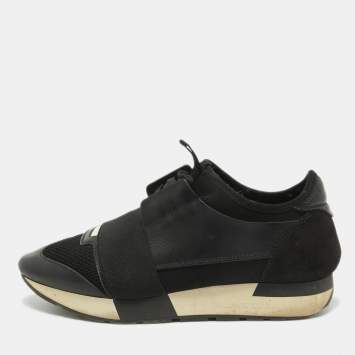 Pre Owned Balenciaga Black Leather and Mesh Race Runner Sneakers Size 38