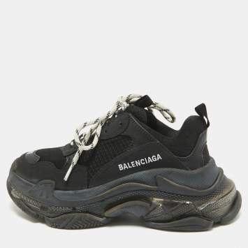 Pre Owned Balenciaga Black Faux Leather and Mesh Triple S Clear Sole Sneakers Size 37