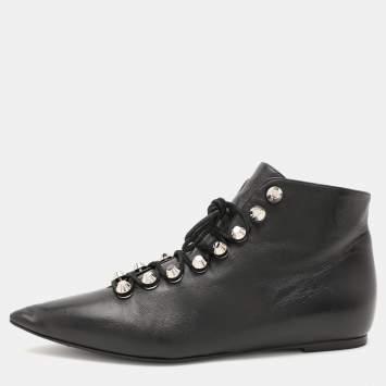 Pre Owned Balenciaga Black Leather Pointed Toe Lace Up Ankle Length Boots Size 36.5