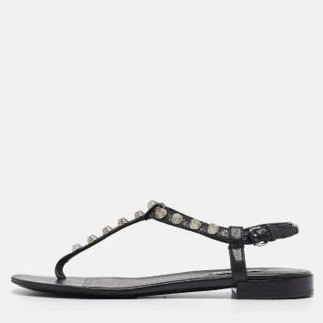 Pre Owned Balenciaga Black Leather Arena Flat Sandals Size 38