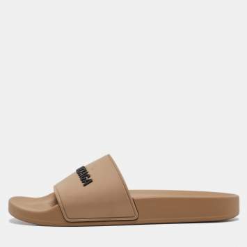 مملوكة مسبقًا Balenciaga Light Brown Rubber Embossed Logo Slides Size 37