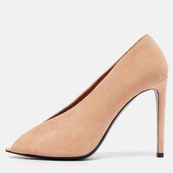 Pre Owned Balenciaga Peach Suede Peep Toe Pumps Size 38