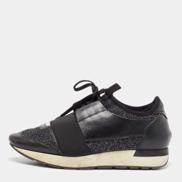 Pre Owned Balenciaga Black Fabric and Leather Race Runner Lace Up Sneakers Size 38