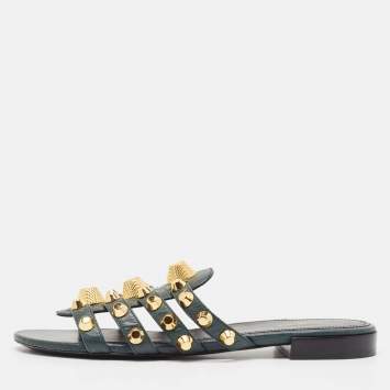 Pre Owned Balenciaga Green Leather Arena Flat Sandals Size 37.5