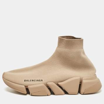 Pre Owned Balenciaga Beige Knit Fabric Speed Trainer High Top Sneakers Size 39