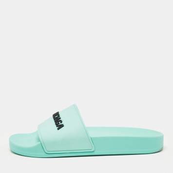Pre Owned Balenciaga Blue Rubber Pool Slides Size 35 