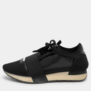 Pre Owned Balenciaga Black Patent Leather and Fabric Race Runner Low Top Sneakers Size 39