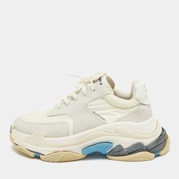 Pre Owned Balenciaga Grey/White Leather and Nylon Triple S Lace Up Sneakers Size 39