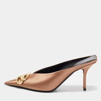 Pre Owned Balenciaga Brown Satin BB Knife Mules Size 37