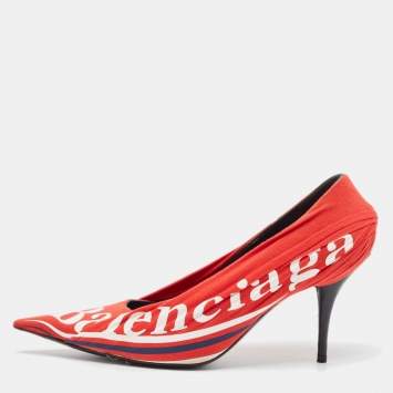 Pre Owned Balenciaga Red/Black Logo Fabric and Leather Knife Pumps Size 40
