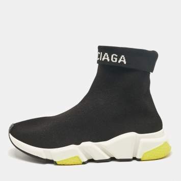 Pre Owned Balenciaga Black Knit Fabric Speed Trainer High Top Sneakers Size 37