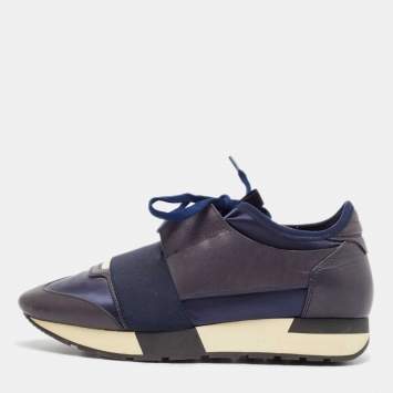 Pre Owned Balenciaga Navy Blue Fabric and Leather Race Runner Lace Up Sneakers Size 37