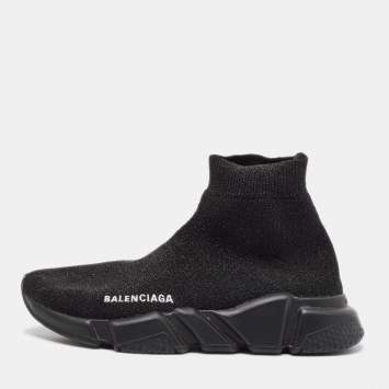 Pre Owned Balenciaga Black Lurex Fabric Speed Trainer High Top Sneakers Size 38