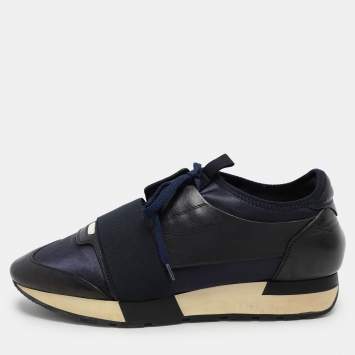 Pre Owned Balenciaga Navy Blue Leather and Satin Race Runner Low Top Sneakers Size 39