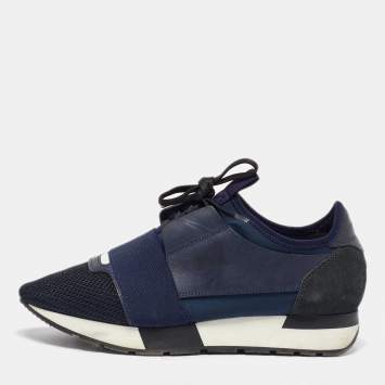 Pre Owned Balenciaga Blue Leather, Mesh and Suede Race Runner Low Top Sneakers Size 38