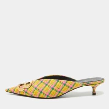Pre Owned Balenciaga Tricolor Plaid Canvas BB Knife Mules Size 40