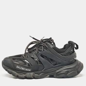 Pre Owned Balenciaga Black Faux Leather and Mesh Track Sneakers Size 37