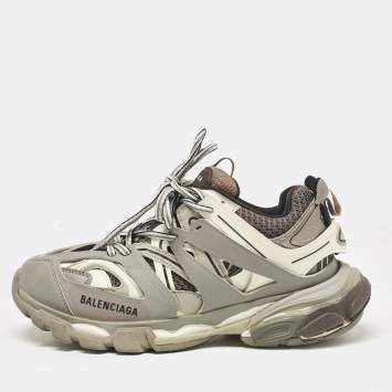 Pre Owned Balenciaga Grey Faux Leather and Mesh Track Lace Up Sneakers Size 38
