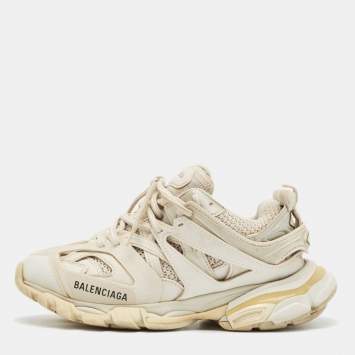 مملوكة مسبقًا Balenciaga White Faux Leather and Mesh Track Lace Up Sneakers Size 38