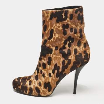 Pre Owned Balenciaga Brown Leopard Print Calf Hair Ankle Boots Size 39.5