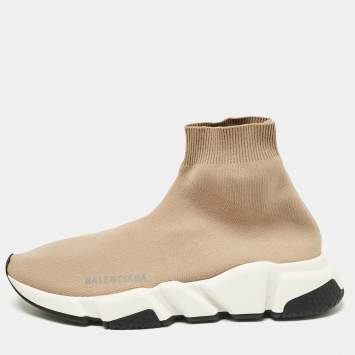 Pre Owned Balenciaga Beige Knit Fabric Speed High Top Sneakers Size 38