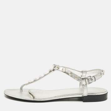 Pre Owned Balenciaga Silver Leather Slingback Flat Sandals Size 39