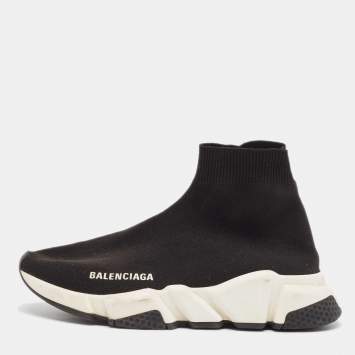 Pre Owned Balenciaga Black Knit Fabric Speed Trainer High Top Sneakers Size 36