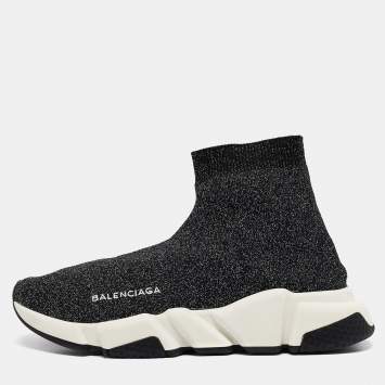 Pre Owned Balenciaga Black/Silver Lurex Fabric Speed Trainer Sneakers Size 38
