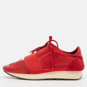 Pre Owned Balenciaga Red Leather  and Suede Race Runner Lace Up Sneakers Size 38
