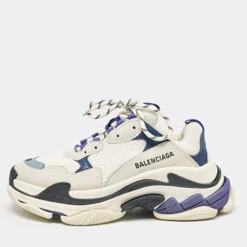 Pre Owned Balenciaga White/Blue Mesh and Leather Triple S Sneakers Size 39