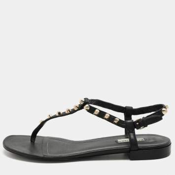 Pre Owned Balenciaga Black Leather Arena Flat Sandals Size 39