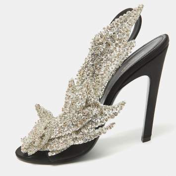 Pre Owned Balenciaga Black Satin Sequins Embellished Slingback Sandals Size 38.5