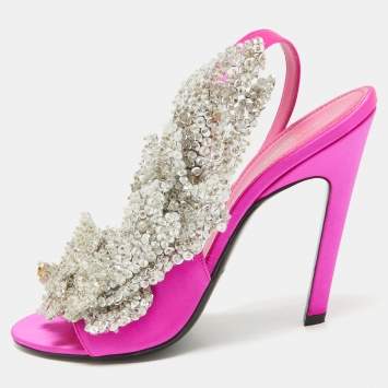 Pre Owned Balenciaga Pink Satin Embellished Slingback Sandals Size 38