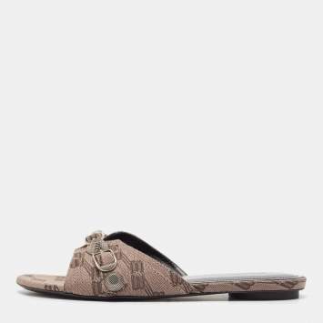 Pre Owned Balenciaga Brown BB Print Canvas Cagole Flat Slides Size 38 