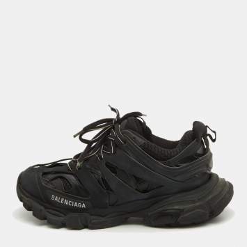 Pre Owned Balenciaga Black Faux Leather and Mesh Track Sneakers Size 38