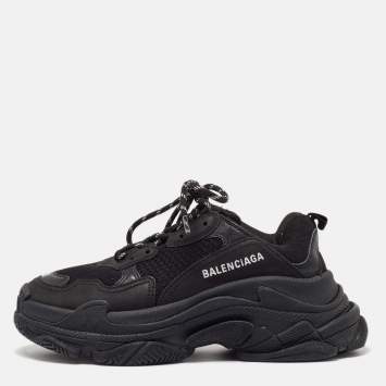 Pre Owned Balenciaga Black Leather and Mesh Triple S Sneakers Size 38