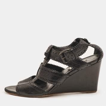 Pre Owned Balenciaga Black Leather Ankle Strap Wedge Sandals Size 39