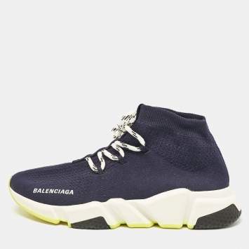 Pre Owned Balenciaga Blue Fabric Speed Trainer High Top Sneakers Size 39