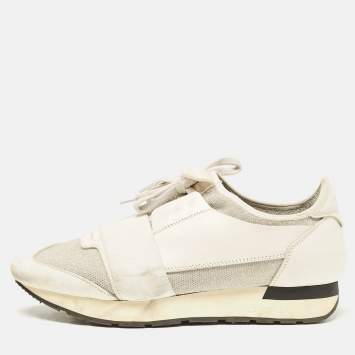 Pre Owned Balenciaga White/Silver Leather and Knit Fabric Race Runner Sneakers Size 39