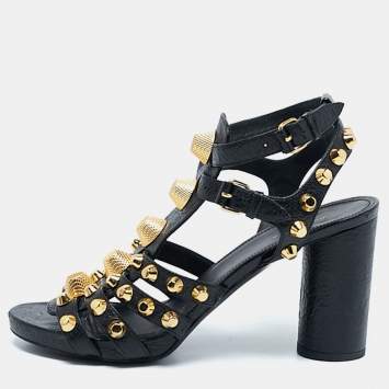 Pre Owned Balenciaga Black Leather Studded Ankle Strap Sandals Size 38