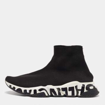 Pre Owned Balenciaga Black Knit Fabric Speed Trainer Slip On High Sneakers Size 39