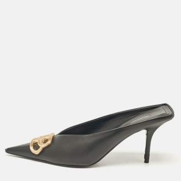 Balenciaga Black Leather Logo Knife Pointed Toe Mules Size 38