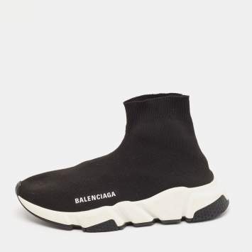 Pre Owned Balenciaga Black Knit Fabric Speed Trainer High Top Sneakers Size 38