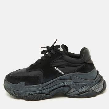Pre Owned Balenciaga Black Nylon and Suede Triple S Sneakers Size 38