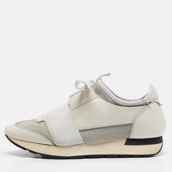 Pre Owned Balenciaga White Leather and Metallic Lurex Fabric Race Runner Sneakers Size 38