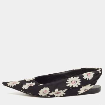 Pre Owned Balenciaga Black Floral Print Fabric Pointed Toe Slingback Flats Size 38