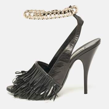 Balenciaga Black Fringe Leather Chain Detail Ankle Strap Sandals Size 39