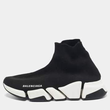 Pre Owned Balenciaga Black Knit Fabric Speed Trainer High Top Sneakers Size 38