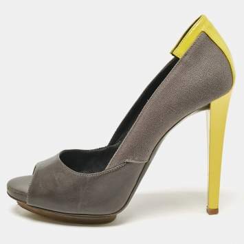 Pre Owned Balenciaga Grey Canvas and Leather Peep Toe Pumps Size 37.5
