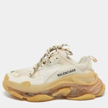 Pre Owned Balenciaga Cream Leather and Mesh Triple S Clear Sneakers Size 35